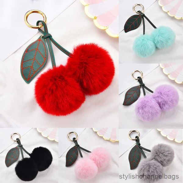 Schlüsselanhänger Mode Neue Niedliche Flauschige Künstliche Kaninchenfell Ball Schlüsselbund Kirsche Schlüsselanhänger Handtasche Anhänger Schlüsselanhänger Ring