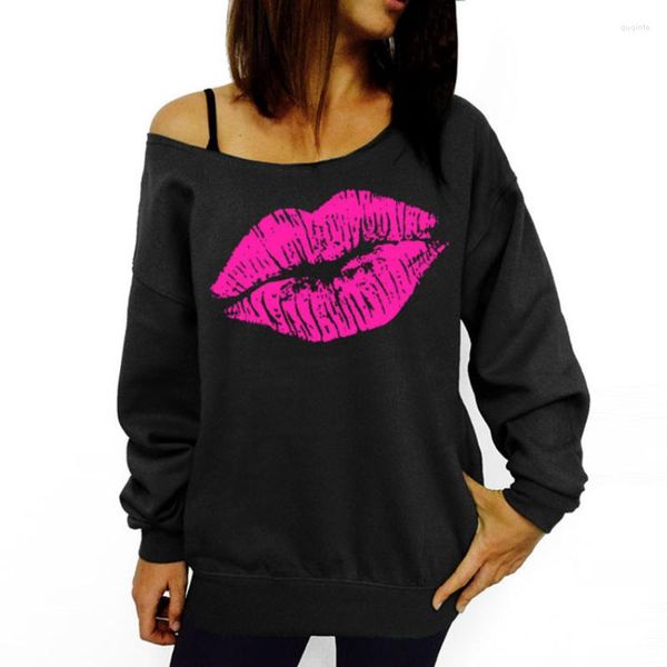 Damen Hoodies Sweartshirts Frauen Herbst Langarm Pullover Red Big Lips Muster Tops Schrägkragen Damenbekleidung Oversize