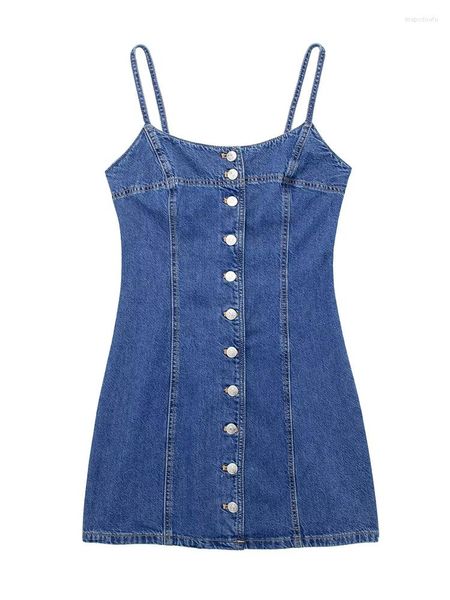 Lässige Kleider, Sommer-Damen-Einreiher, offener Rücken, ärmelloses Träger-Mini-Jeanskleid