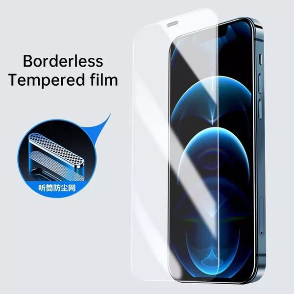 Protetor de tela de vidro com temperatura livre sem poeira de poeira para iPhone 14 13 12 11 Pro Max Mini Cellphone Protetive Glass Film com alumínio líquido HGIH