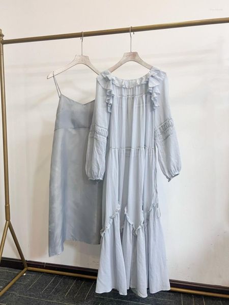 Sıradan Elbiseler Wakuta 2023 Yaz İpek Kayışı Uzun Kollu Vestidos Fırfır Out İnce Bel Coble Femme Japon Büyük Salıncak