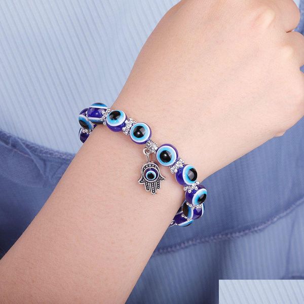 Kette Türkei Böse Blaue Augen Perlen Armbänder Hamsa Hand Charme Elastische Armband Armreifen Großhandel Schmuck Drop Lieferung Dhgarden Dh821