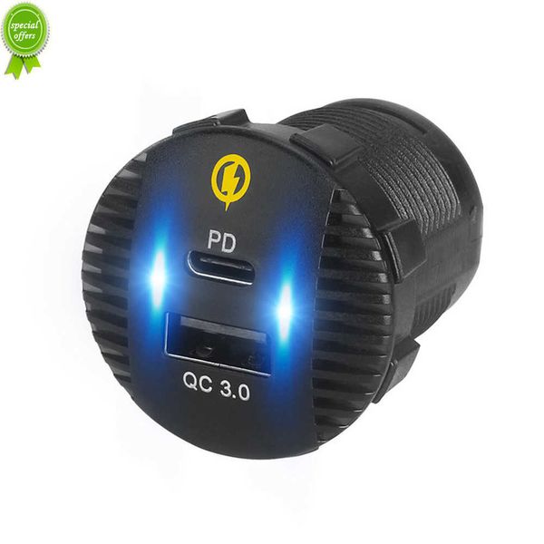 Nuovo PD + QC3.0 Caricabatteria da auto a doppia porta USB Tipo C Presa impermeabile 36W 6A Carica rapida per 12V-24V Barca Moto Camion Marine SUV