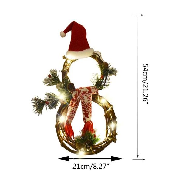 Dekorative Blumenkränze, Weihnachts-LED-beleuchteter Rattan-Kreiskranz mit Hut, Schal, Schneemann-förmige Girlande, hängender Anhänger für den Weihnachtsfeiertag