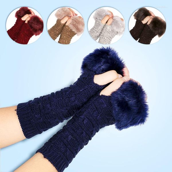 Knieschützer Herbst Winter Mode Warm halten Armmanschette Gestrickte Fingerlose Handgelenkhandschuhe Einfarbig Kunstpelz Damen