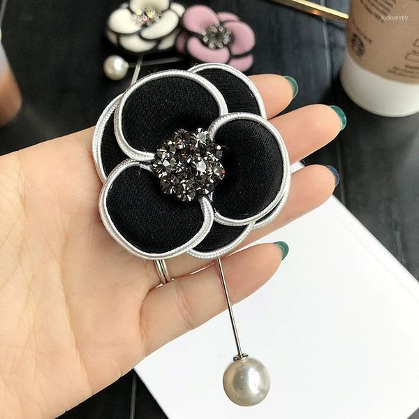 Broşlar pimler vintage kumaş çiçek kamelya kristal rhinestones yaka iğne inci kadın için broş kadın mücevher aksesuarlar