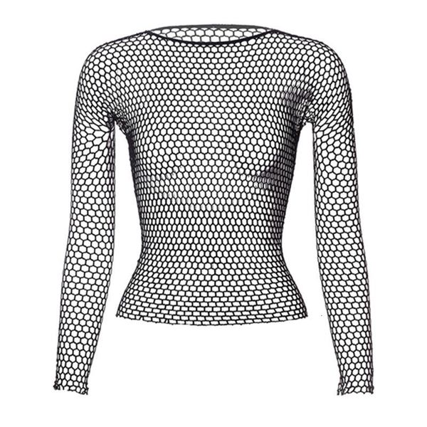 T-shirt da donna Maglia a rete da donna Camicie nere trasparenti Moda Bodystocking Abito da notte Scava fuori Biancheria intima sexy a maniche lunghe a rete 230518