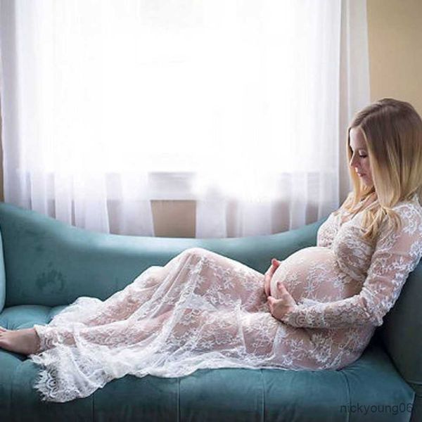 Женские беременные беременные для беременности для съемки фото лето в длинном рукаве Смотрите через сексуальные длинные платья Женская одежда для беременных R230519
