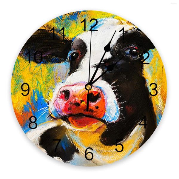 Relógios de parede Animal Cow Color Oil Pintura PVC Relógio moderno Design Sala Decoração Decore Digital
