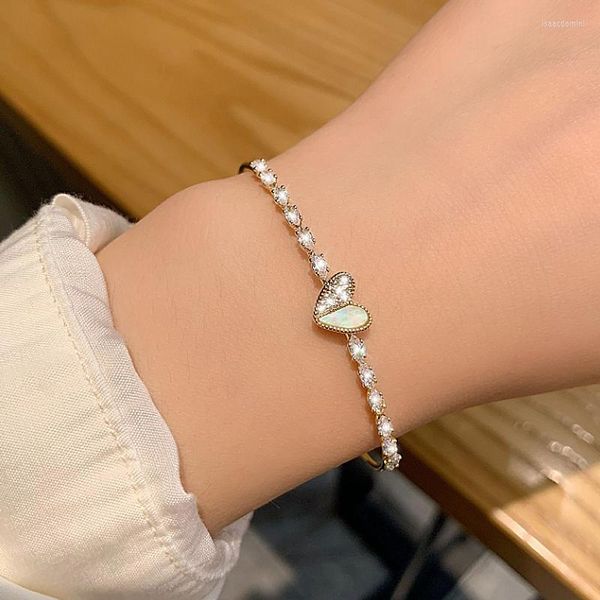 Armreif Koreanische Licht Luxus Herz Diamant Intarsien Offene Armreifen Frauen Armband Dünne Kanten Gold Mode Einfache Bankett Schmuck Geschenke