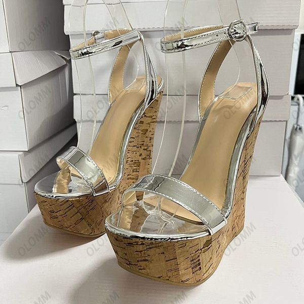 Olomm Nuove Donne di Arrivo Della Piattaforma Sandali Cinturino Alla Caviglia Zeppe Tacchi Open Toe Bella Argento Partito Scarpe US Plus Size 5-20