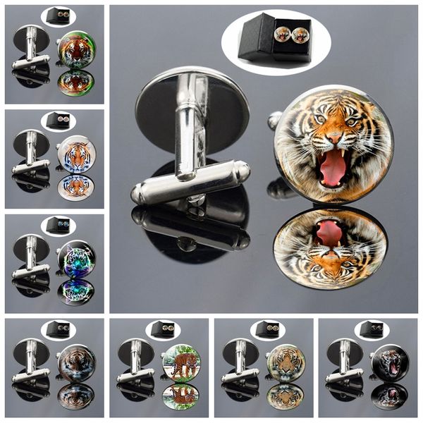 Animal Tiger Painting Glass Dome Cufflinks Men Ter Suit Cuff Links Button Wedding Cufflinks Presentes para namorado marido