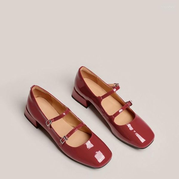 Kleidungsschuhe 35-40 Patent Leder klobig/Blockabsatz 3cm Low Red for Women Summer Buckle Sier Square Toe Mary Jane