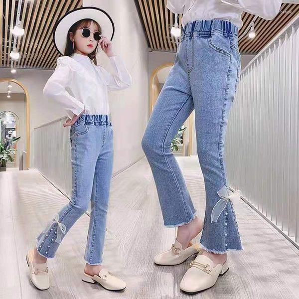 Jeans Frühling Sommer Perle Spitze Schleife Stretch Denim Schlaghose Hose Hose Baby Mädchen Kinder Kinder Cowboy Hose