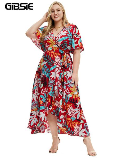 Plus Size Kleider GIBSIE Plus Size Surplice Neck Tie Side Wrap Beach Dress Holiday Boho Print Damen Butterfly Sleeve Summer Long Dresses 230519