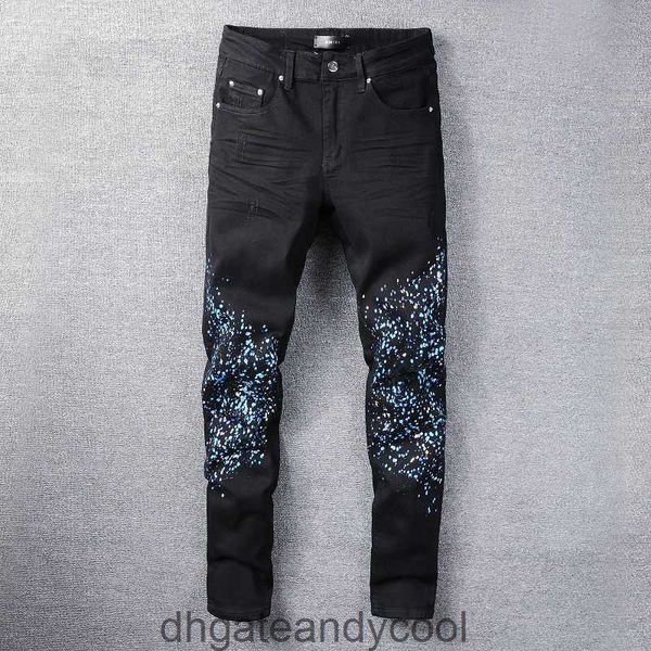 Amirres Jeans Designer-Hosen für Herren. Die neue Modemarke wäscht Denim mit Wasser, Schwarz lässt alte Löcher spritzen, Tinte, Sprühfarbe, schlankmachende Stretch-Jeans für Herren, hoch 4VVN
