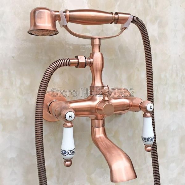 Set doccia per bagno Rubinetti per vasca da bagno in rame rosso antico Set Miscelatore a doppia maniglia Rubinetto a parete Bagno tenuto in mano Ltf804