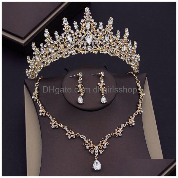 Jóias Conjuntos de jóias Colar de gargantilha de vestido de cristal para mulheres Tiaras Brincos da coroa da coroa 230216 Drop Delivery Dhm0u