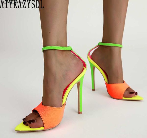 Terlik Aiykazysdl Sinkeli Toe Neon Yeşil Turuncu Karışık Renk Sandalet Slayt Kadınlar Yüksek Topuk Stiletto Terlik Ayakta Kayış Ayakkabı J230519