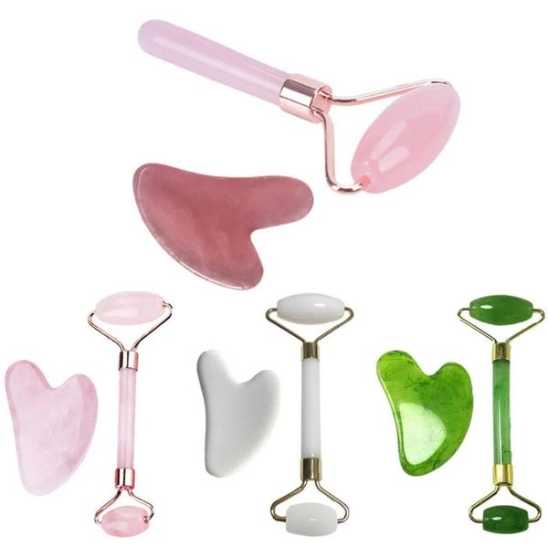 2 pz/set Kamien Gua Sha Pietra Per Il Massaggio Del Viso Quarzo Rosa Pietra di Giada Viso Rullo di Massaggio Gua Sha Bordo Raschietto Viso All'ingrosso