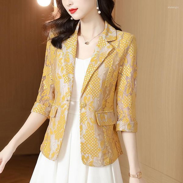 Jackets femininos Vid Women Women Blazer elegante renda Hollow Out Fino Blazers feminino Office Sun Protection Suit Coat Slim Top G127