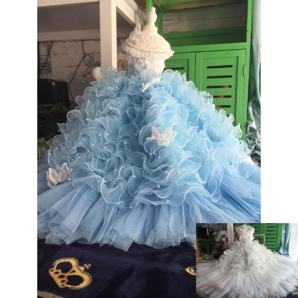 Abbigliamento per cani Vestiti fatti a mano Abito per animali Abito da trascinamento Blu Orlo Perla Pizzo Farfalla Gonna a balze principessa Tulle Barboncino Yorkie maltese