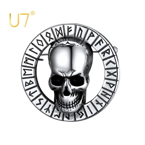 U7 Aço inoxidável Os broches retro runos vintage Viking Rune Round Skull Broche de broche para Halloween