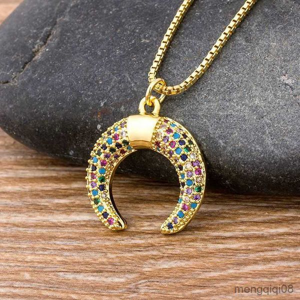 Venda de cobre zircão chorno colar colar de corrente longa pingente de lua crescente de arco -íris de joias para mulheres meninas
