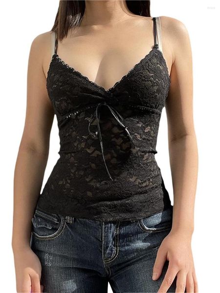 Camisoles Tanks Spaghetti Strap Floral Lace Flor-doque V mangas sem mangas