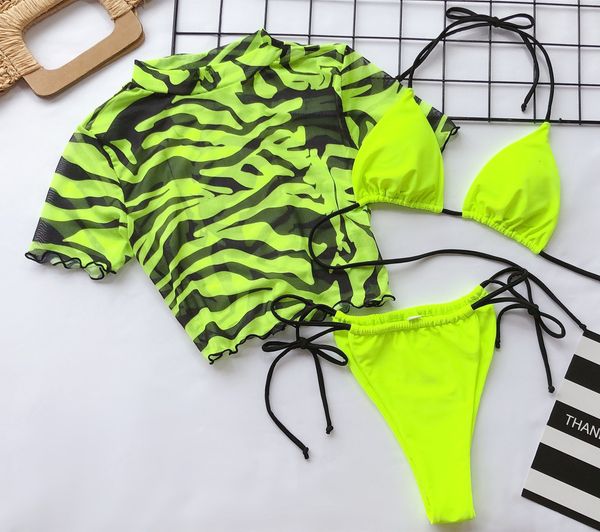 Moda de banho feminina 3 peças Biquíni Mulheres Push-Up Push-Up acolchoado Neon Green Leopard Swimsuit brasileiro Manga curta Menina de banheira Tanking Ande de banho BIQUININI 230519