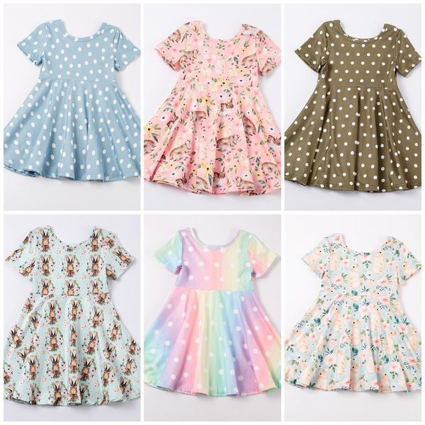 Exklusive Girlymax-Mädchenkleider für Ostern, Baby- und Kinderkleidung, Milchseide, Hasenmuster, Gingham-Rasen-Twirl-Kleid, knielang, kurze Ärmel, 230518