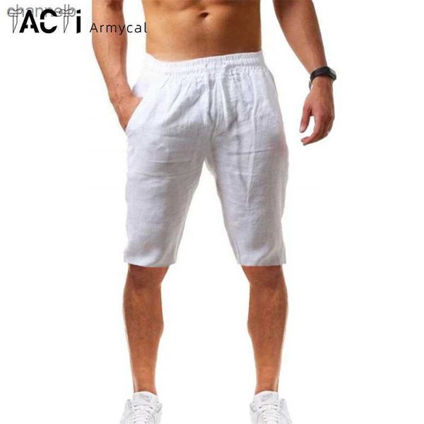 Shorts masculinos linho de verão fino calças finas respiráveis ​​na altura do joelho de calça fitness de pântanos de rua drawstring calça de praia sólida s-5xll230519