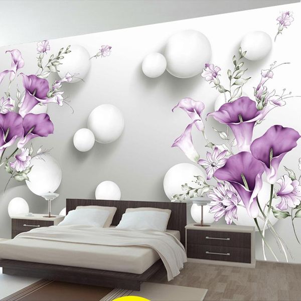 Papéis de parede personalizados popa de parede PO personalizada 3d estéreo bola roxa calla flores murais murais modernos quartos de estar na tv background wall pinting