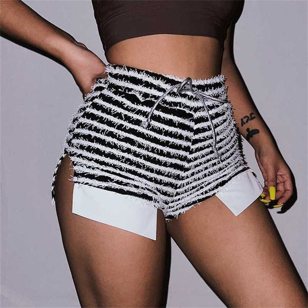 Schwarz-weiß gestreifte gestrickte Shorts, Damen-Unterteile, gestapelte Hosen, Streetwear, lange Schlaghose mit hoher Taille