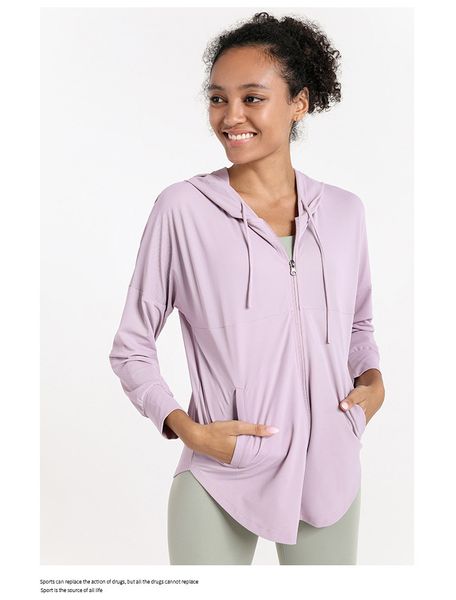 lu Abbigliamento da yoga da donna Felpe con protezione solare Felpe con cappuccio a maniche lunghe Cerniera Giacca con cappuccio Camicie casual UPF 50 T-shirt con cerniera intera con protezione solare Tasche per l'estate DS-15