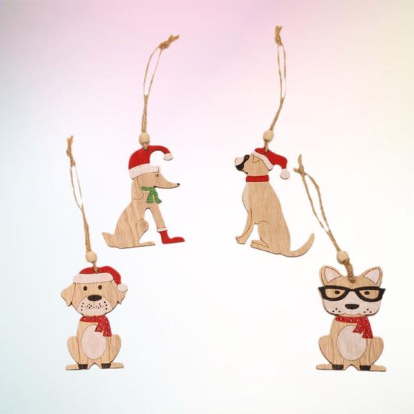 Decorações de Natal 4pcs Creative Wooden Dog Shape Pingente Time Pano Ornamento Decoração de suspensão