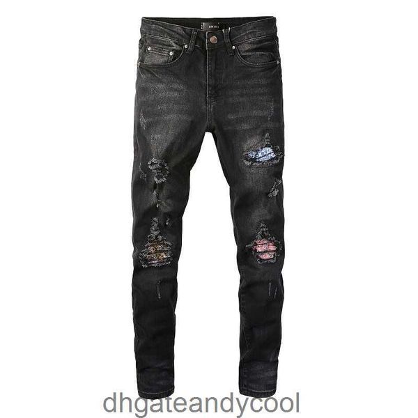 Preto Denim Moda Amirres Jeans Lavados Marca Designer Calças de Vaca Homem Água Quebrada Buraco Velho Caju Flor Contraste Cor Slim Fit Pés Elásticos Denim Pan 9O70