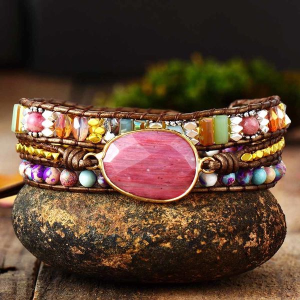 Bracelete de couro em cadeia W Stones Multi cores Contas naturais Crystal tecelagem Declaração de arte Presentes 230518