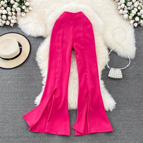 Pantaloni da donna Donna Slim Basic Fessura alta Rosso Nero Gamba larga Pantaloni alla moda coreana Elegante Casual Estate Gotico Streetwear