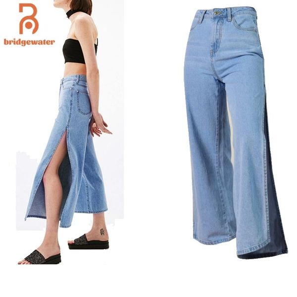 Jeans BRIDGEWATER Breite Bein Jeans Sommer 2021 Mode Hohe Taille Frau Lose Knöchel Länge Kühlen Split Offene Seite Denim Hosen