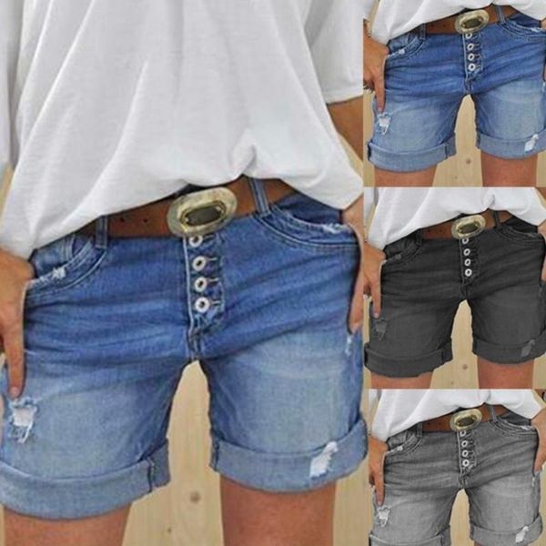 Shorts feminino verão denim shorts sexy rasgado buraco botão jeans shorts senhoras plus size calças curtas regulares