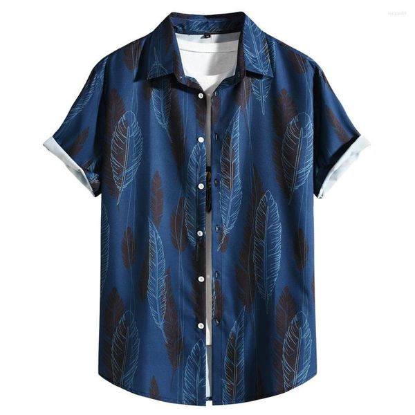 Camisas casuais masculinas 2023 Mens folhas de impressão digital azul marinho homem de manga curta tops machos camisa de praia havaiana fino roupas de verão