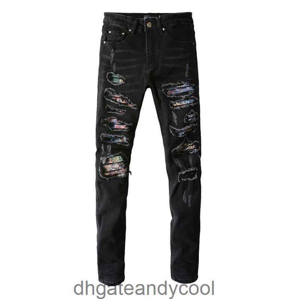 Hosen Modedesigner Denim Mann High Street Amirres Marke Schwarze Jeans Washed Old Big Hole Farbe Cashew Flower Slim Skinny Jeans Male PKM4