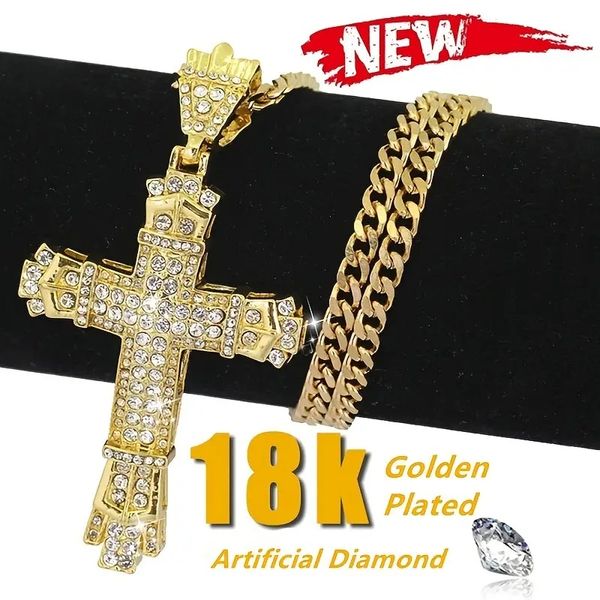 18 Karat vergoldete Vintage-Kreuz-Halskette für Herren: Stilvolle antike Kette mit Strass-Anhänger für einen Hip-Hop-Look