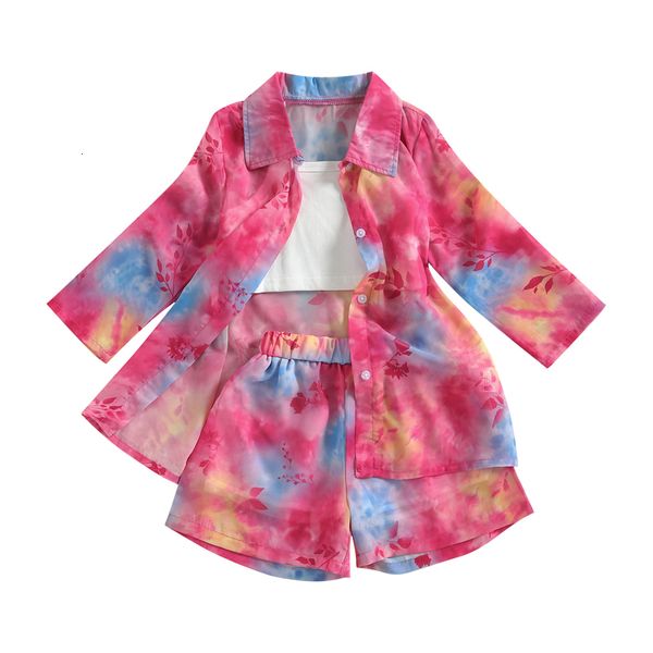 Conjuntos de roupas FocusNorm 37y Moda Kids Girls Roupas Conjunto de roupas 3pcs Tiedye Impresso de manga longa Camisa de chiffon Solid Camisoleelastic Shorts 230519