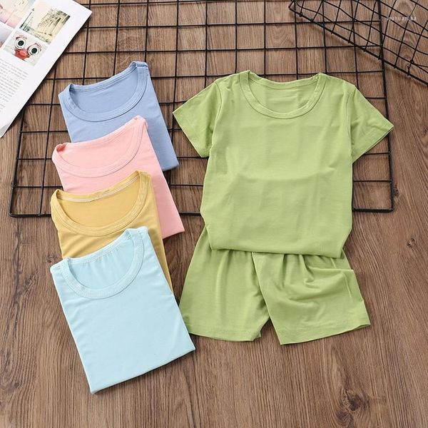 Kleidung Sets Reine Farbe Hohe Taille Shorts Anzug Sommer Jungen Mädchen Kurzarm Pyjamas Baumwolle T-shirt 2 Stück Set mädchen Outfits