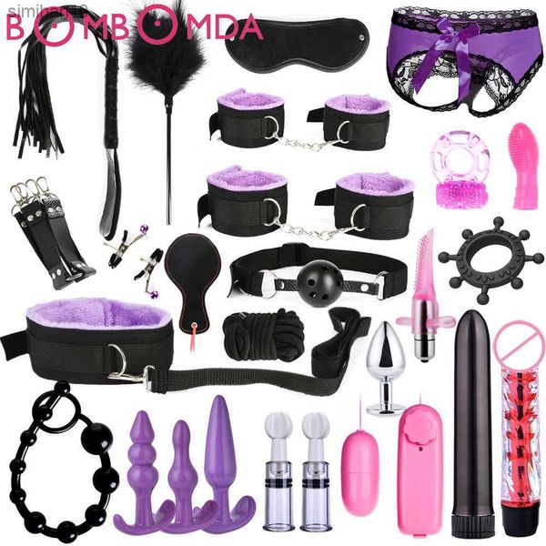 Giocattoli per adulti Kit BDSM Adulti Giocattoli sessuali per donne Uomini Mani Morsetti per capezzoli Frusta Sculacciata Sesso Metallo Plug anale Vibratore Butt Bdsm Bondage Set L230519