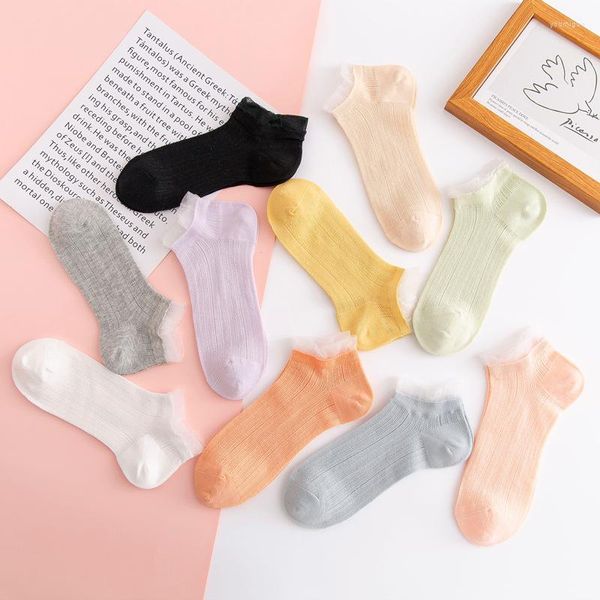 Mulheres meias primavera de primavera de moda de moda colorida para e meninas casuais barcos curtos de tornozelo lady sox bobo de renda de corte