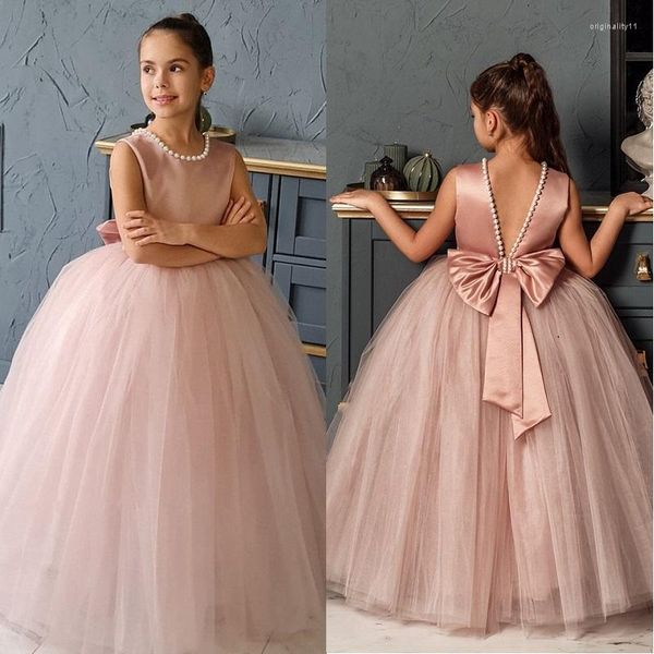 Vestidos de menina adorável pérolas rosa garotas de flor de miçangas para casamento 2023 tule tulle bufk scoop pescoço sem mangas princes
