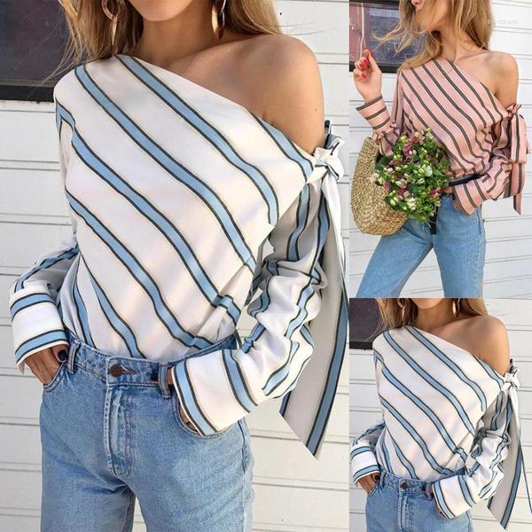 Blusas femininas camisa listrada sexy feminino fora de ombro de manga comprida top casual women sweet renda up bow blusas mujer